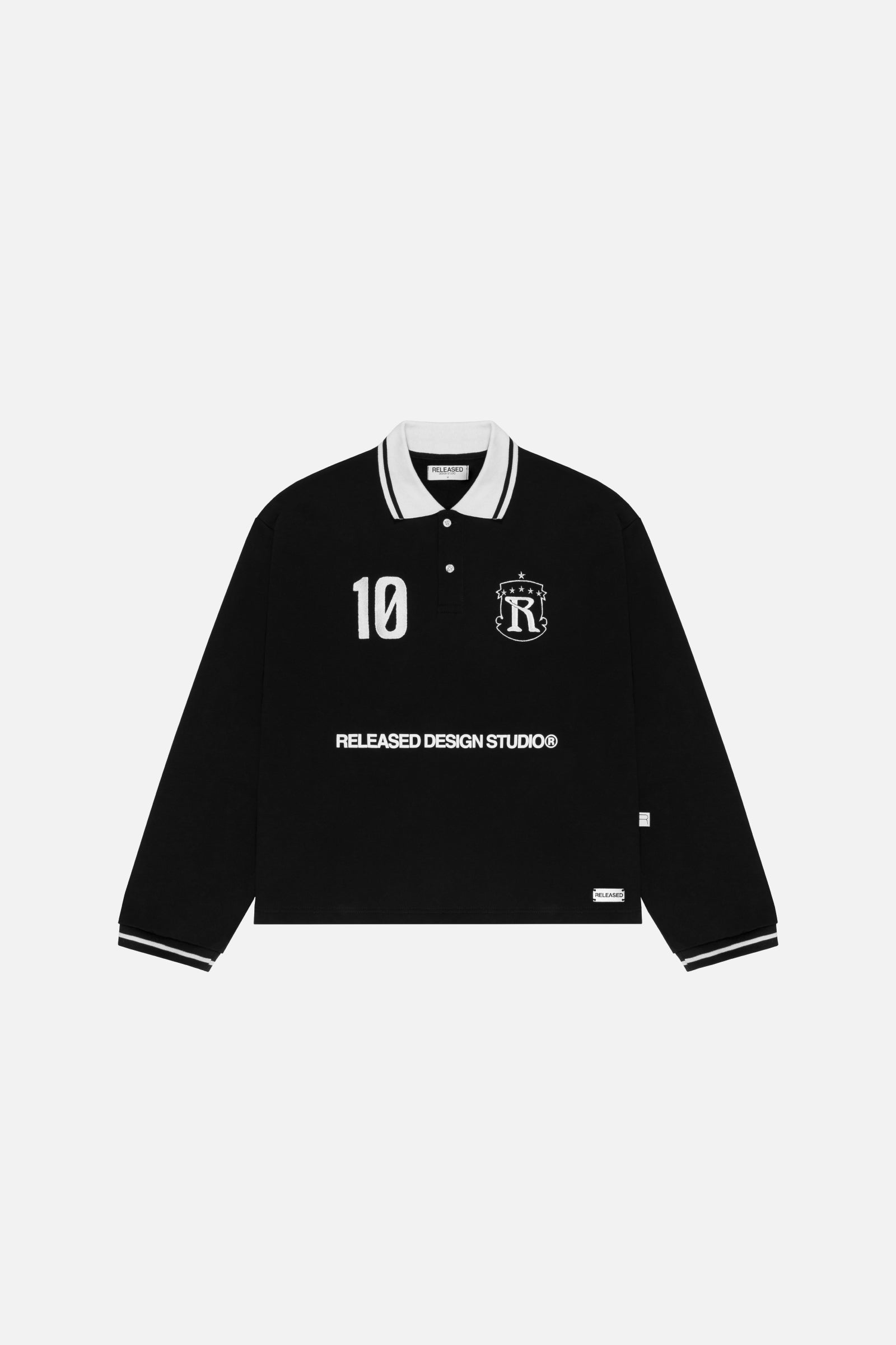 Camibuso tipo polo manga larga negro oversize en algodón pesado colección From Idea to Form - RELEASED DESIGN STUDIO
